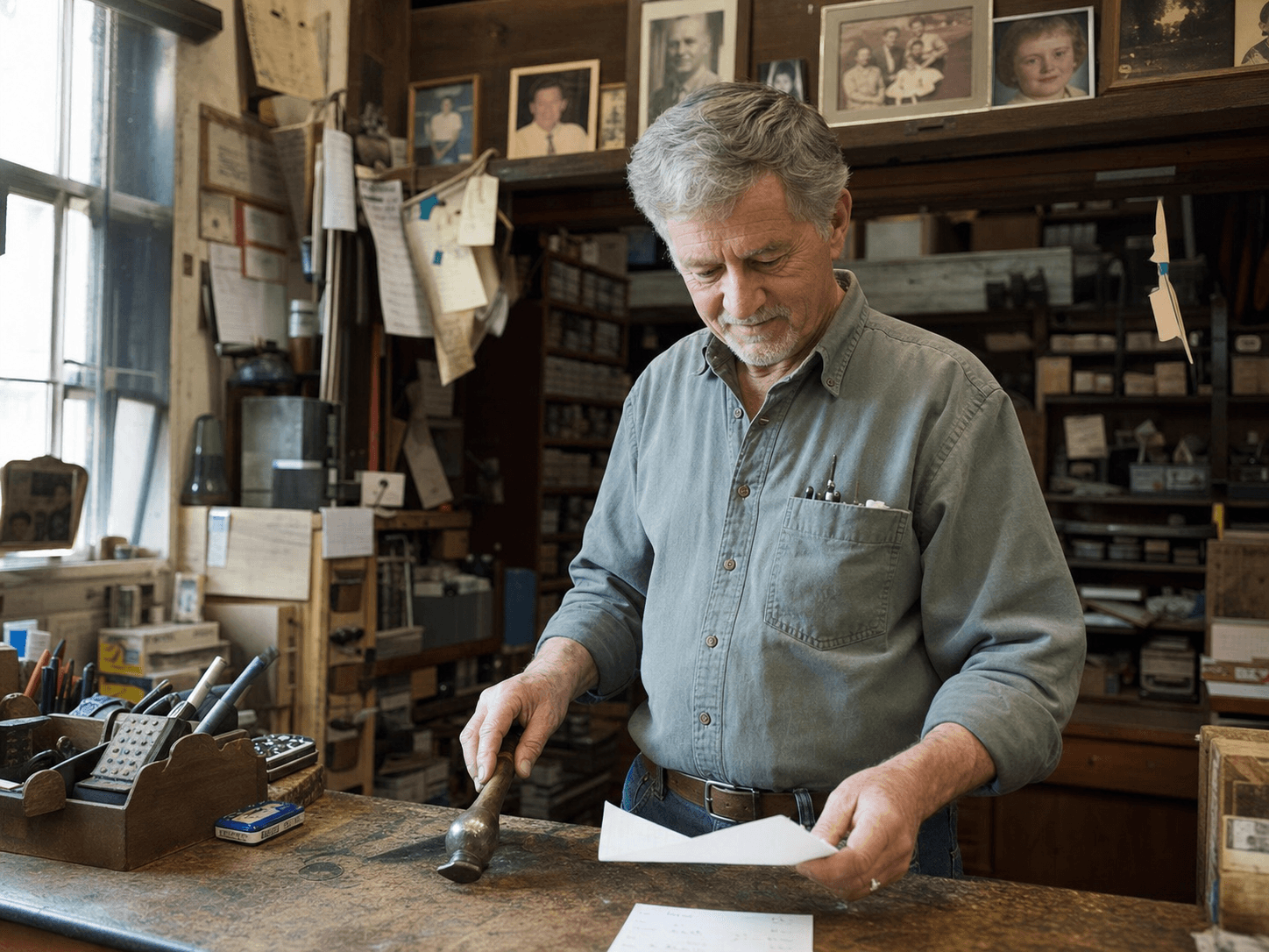A longtime owner reading a handwritten order at the counter of his family shop, family photos on the wall behind him